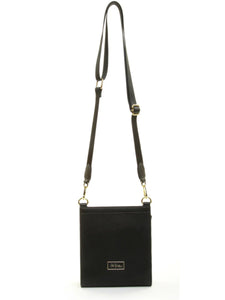 ALICE WHEELER AW5571 black Bloomsbury cross body bag in vegan leather with gold hardware, magnetic flap closure and adjustable strap.