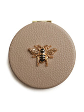 Load image into Gallery viewer, ALICE WHEELER AW5819 stone round compact mirror with vegan leather cover, honey bee emblem, dual magnification, 7cm purse size.
