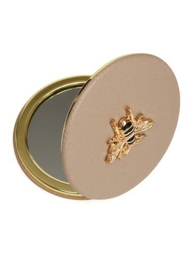 ALICE WHEELER AW5819 stone round compact mirror with vegan leather cover, honey bee emblem, dual magnification, 7cm purse size.