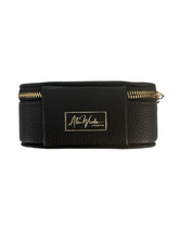 Load image into Gallery viewer, Alice Wheeler AW5947 Black Mini Jewellery Box with gold bee emblem – compact travel jewellery organiser with zip closure, ring rolls and storage compartment.
