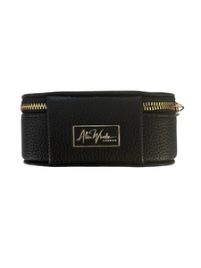 Alice Wheeler AW5947 Black Mini Jewellery Box with gold bee emblem – compact travel jewellery organiser with zip closure, ring rolls and storage compartment.