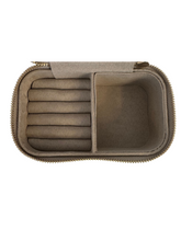 Load image into Gallery viewer, Alice Wheeler AW5950 Stone Mini Jewellery Box with gold bee emblem – compact travel jewellery organiser with zip closure, ring rolls and storage compartment.
