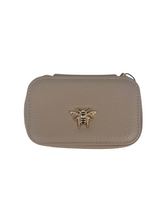 Load image into Gallery viewer, Alice Wheeler AW5950 Stone Mini Jewellery Box with gold bee emblem – compact travel jewellery organiser with zip closure, ring rolls and storage compartment.
