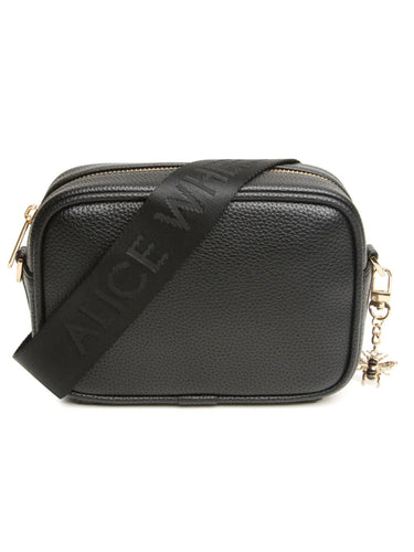 Alice Wheeler AW6157 Black Mini Soho Cross Body Bag with branded strap, gold bee charm, and compact design – stylish black crossbody handbag for everyday use.
