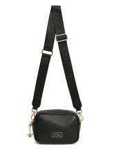 Load image into Gallery viewer, Alice Wheeler AW6157 Black Mini Soho Cross Body Bag with branded strap, gold bee charm, and compact design – stylish black crossbody handbag for everyday use.
