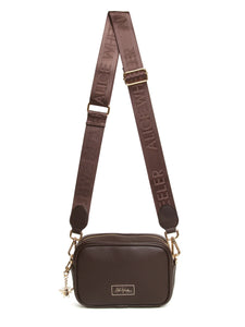 Alice Wheeler AW6158 Chocolate Mini Soho Cross Body Bag with branded strap, gold bee charm and compact design – elegant brown crossbody handbag for everyday use.