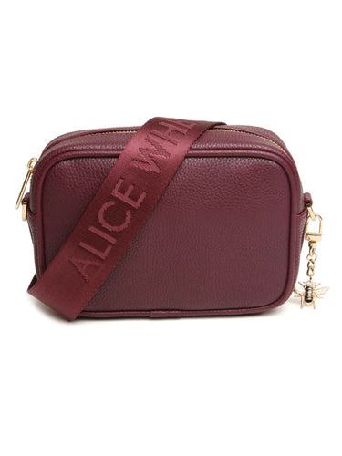 Alice Wheeler AW6159 Berry Mini Soho Cross Body Bag with branded strap, gold bee charm and compact design – purple crossbody handbag for women.