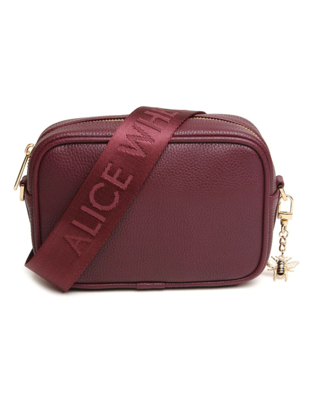 Alice Wheeler AW6159 Berry Mini Soho Cross Body Bag with branded strap, gold bee charm and compact design – purple crossbody handbag for women.