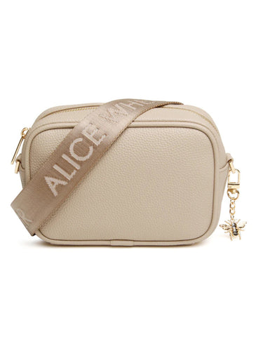 Alice Wheeler AW6165 Stone Mini Soho Cross Body Bag with branded strap, gold bee charm, and compact design – neutral crossbody handbag for women.