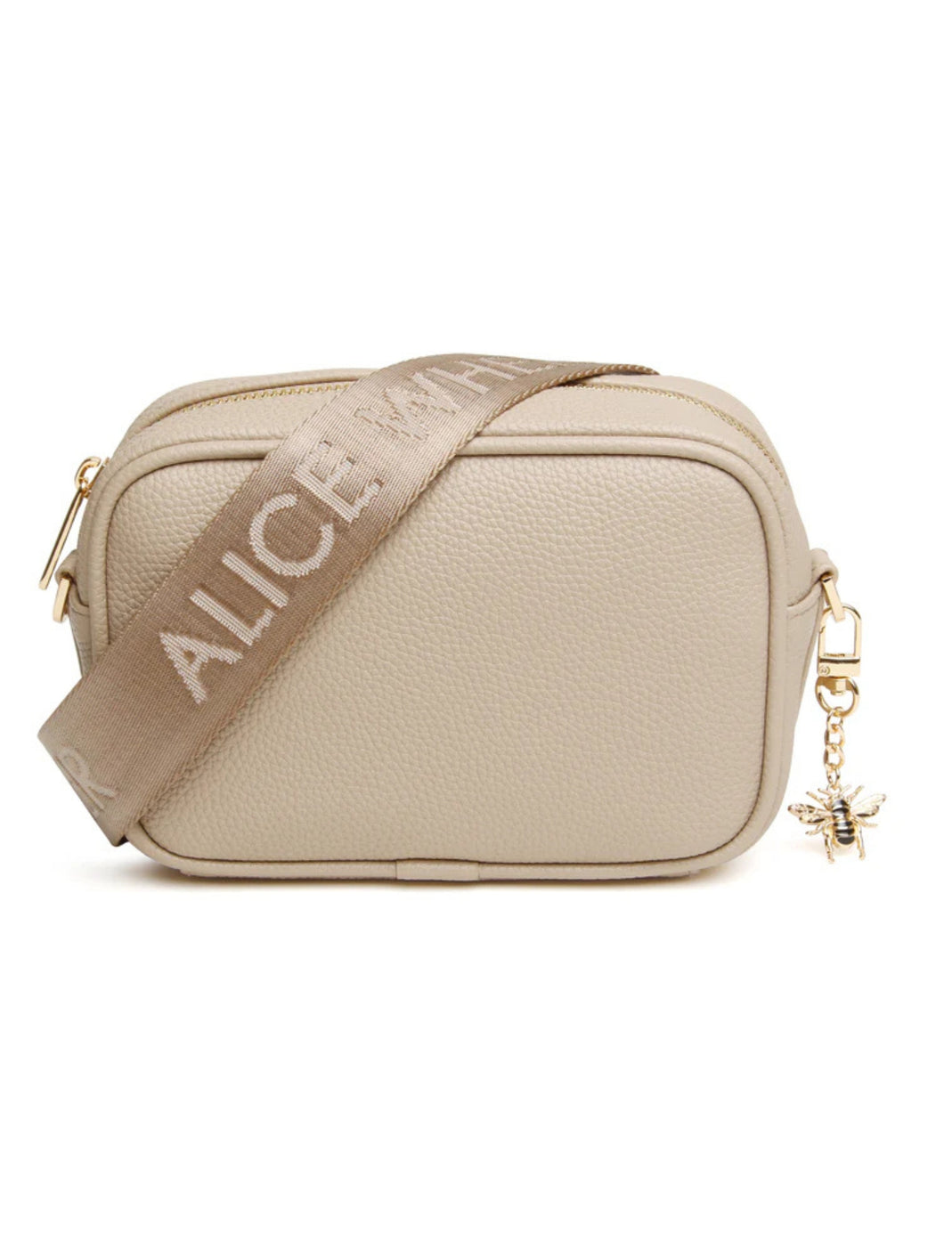 Alice Wheeler AW6165 Stone Mini Soho Cross Body Bag with branded strap, gold bee charm, and compact design – neutral crossbody handbag for women.