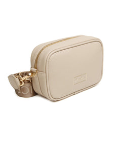 Alice Wheeler AW6165 Stone Mini Soho Cross Body Bag with branded strap, gold bee charm, and compact design – neutral crossbody handbag for women.