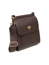 Load image into Gallery viewer, ALICE WHEELER AW6180 Chocolate Bloomsbury cross body bag in vegan leather with gold hardware, magnetic flap closure and adjustable strap.
