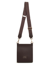 Load image into Gallery viewer, ALICE WHEELER AW6180 Chocolate Bloomsbury cross body bag in vegan leather with gold hardware, magnetic flap closure and adjustable strap.
