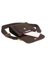 Load image into Gallery viewer, ALICE WHEELER AW6180 Chocolate Bloomsbury cross body bag in vegan leather with gold hardware, magnetic flap closure and adjustable strap.
