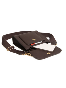 ALICE WHEELER AW6180 Chocolate Bloomsbury cross body bag in vegan leather with gold hardware, magnetic flap closure and adjustable strap.