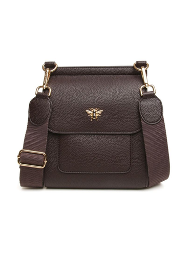 ALICE WHEELER AW6180 Chocolate Bloomsbury cross body bag in vegan leather with gold hardware, magnetic flap closure and adjustable strap.