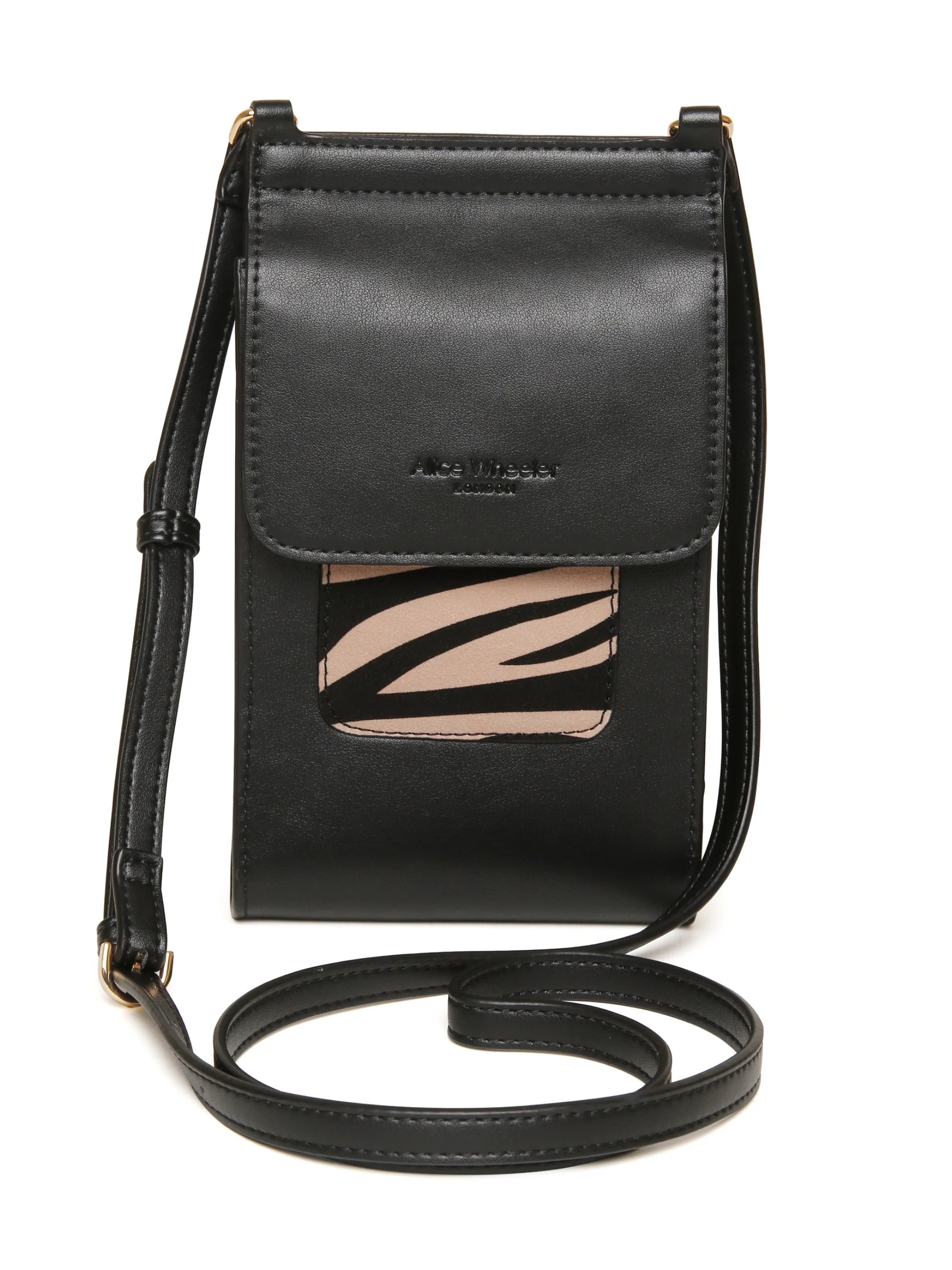 Alice Wheeler AW6216 Zebra Mini Bloomsbury Cross Body Bag – vegan leather compact crossbody with zebra suede panel, card holder and magnetic clasp, women’s stylish everyday bag.