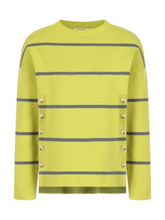 Load image into Gallery viewer, Striped knit jumper for women with side button detail, crew neck and long sleeves – stylish lightweight sweater by Alice Collins perfect for layering and casual wear.
