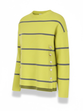 Load image into Gallery viewer, Striped knit jumper for women with side button detail, crew neck and long sleeves – stylish lightweight sweater by Alice Collins perfect for layering and casual wear.
