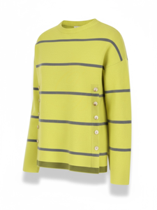 Striped knit jumper for women with side button detail, crew neck and long sleeves – stylish lightweight sweater by Alice Collins perfect for layering and casual wear.