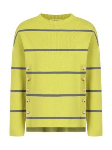 Striped knit jumper for women with side button detail, crew neck and long sleeves – stylish lightweight sweater by Alice Collins perfect for layering and casual wear.