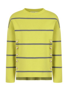 Striped knit jumper for women with side button detail, crew neck and long sleeves – stylish lightweight sweater by Alice Collins perfect for layering and casual wear.