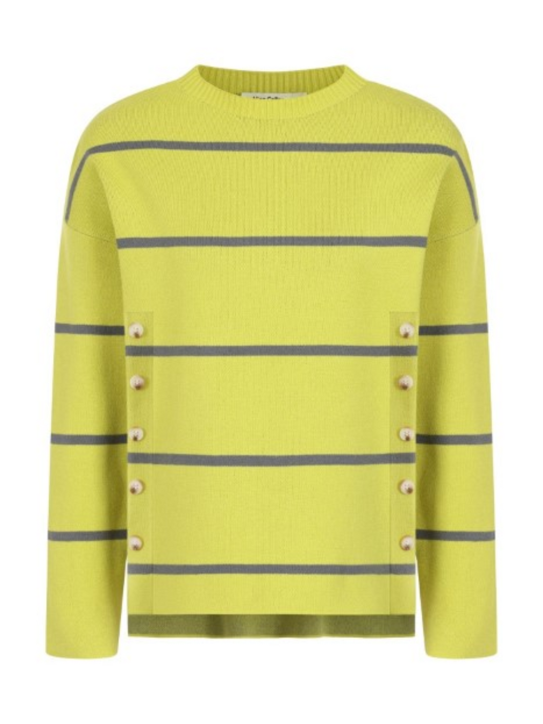 Striped knit jumper for women with side button detail, crew neck and long sleeves – stylish lightweight sweater by Alice Collins perfect for layering and casual wear.