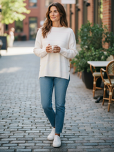 Load image into Gallery viewer, Striped knit jumper for women with side button detail, crew neck and long sleeves – stylish lightweight sweater by Alice Collins perfect for layering and casual wear.
