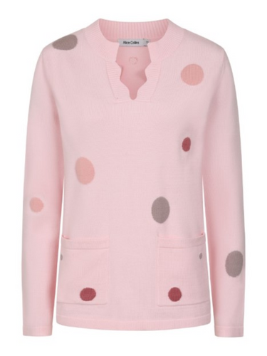 Women’s knit jumper with multicolour polka dots, notched neckline, long sleeves and front patch pockets – soft, cosy, and perfect for stylish everyday layering.