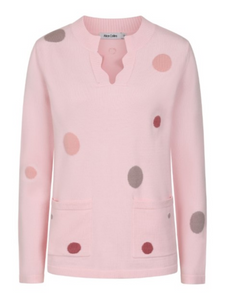 Women’s knit jumper with multicolour polka dots, notched neckline, long sleeves and front patch pockets – soft, cosy, and perfect for stylish everyday layering.