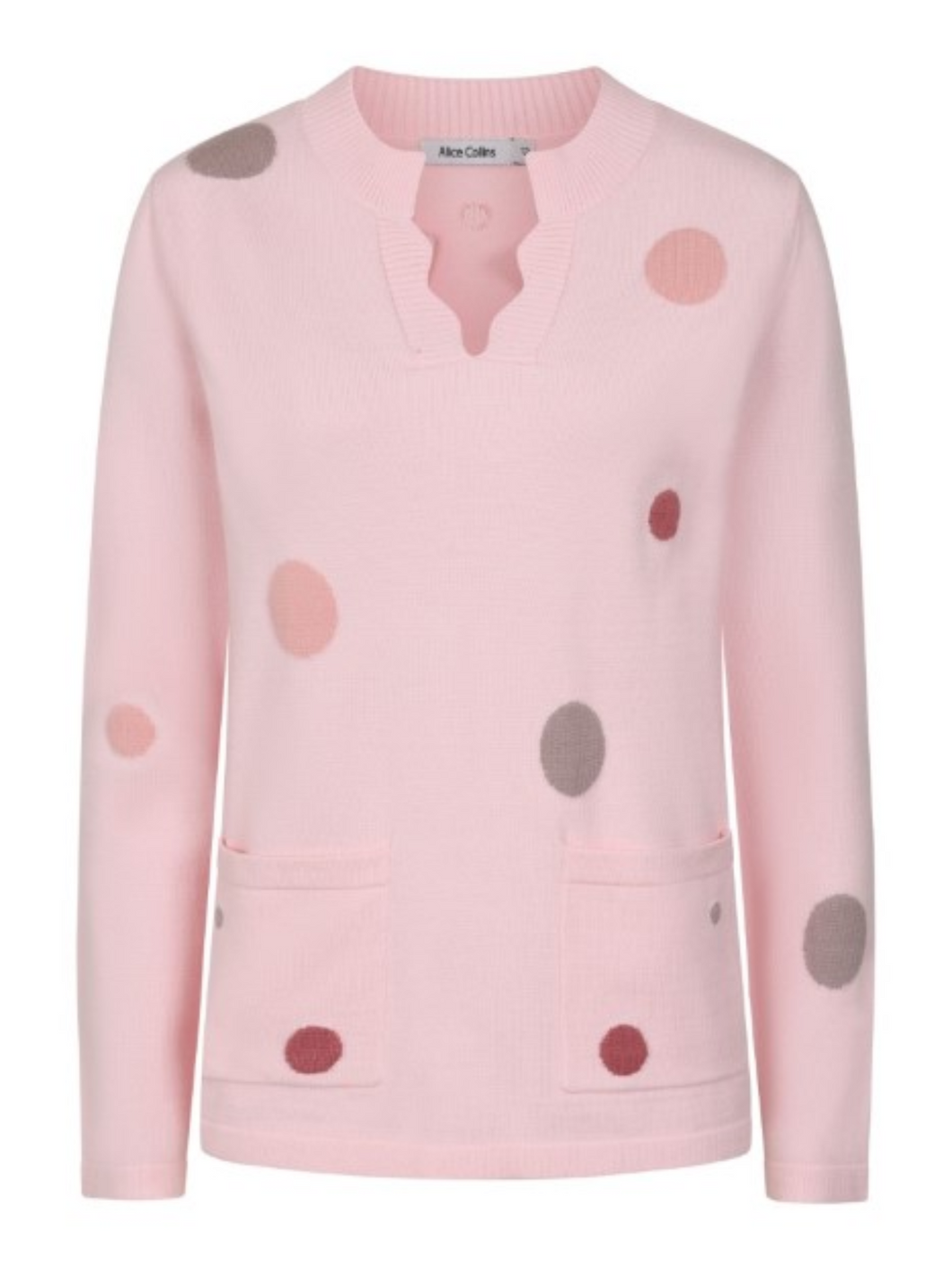 Women’s knit jumper with multicolour polka dots, notched neckline, long sleeves and front patch pockets – soft, cosy, and perfect for stylish everyday layering.