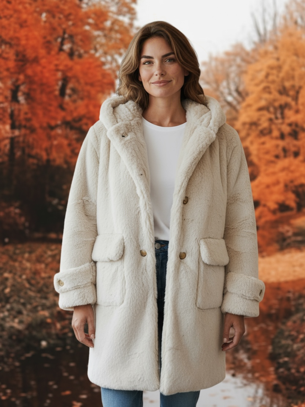 QBAW25 CW C806 Cream Fluffy Hooded Coat
