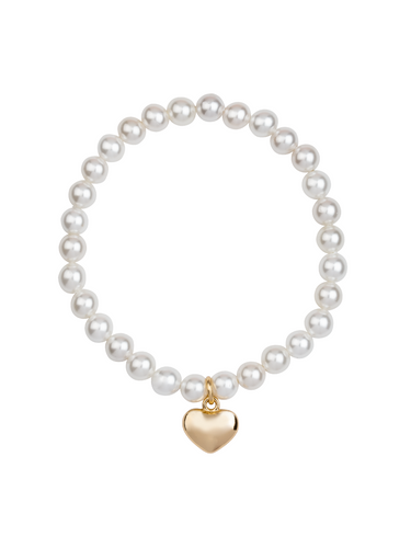 D&X DB2091K Pearl Bracelet with Gold Tone Polished Heart Pendant – elegant elasticated pearl bracelet with polished gold heart charm.
