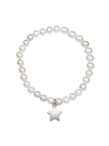 D&X DB2092A White Gold Star Pendant Elasticated Pearl Bracelet – classic pearl stretch bracelet with white gold plated star charm, celestial-inspired women’s jewellery.