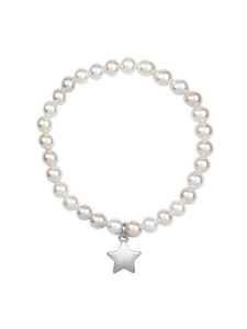 D&X DB2092A White Gold Star Pendant Elasticated Pearl Bracelet – classic pearl stretch bracelet with white gold plated star charm, celestial-inspired women’s jewellery.