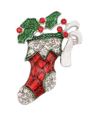 D&X DC0206A White Gold Crystal Christmas Stocking Brooch – festive  jewellery pin with sparkling crystals, holiday accessory for coats, scarves and jumpers.