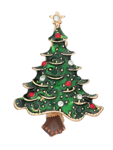 D&X DC0228K Gold Tone White Enamel Christmas Tree Brooch – festive holiday  jewellery with enamel and crystal details, perfect accessory for Christmas outfits.