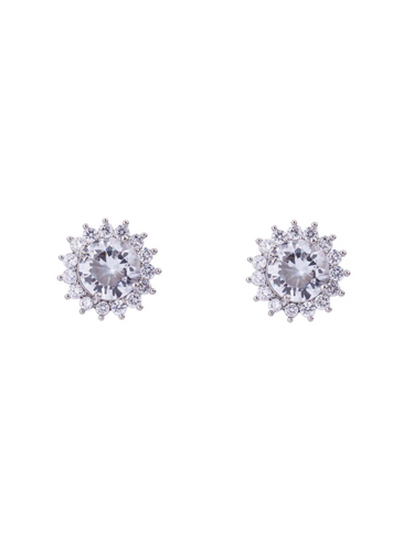 D&X DE0461R White Gold Zirconia Stud Earrings – radiant cubic zirconia halo studs with white gold plated finish, elegant women’s jewellery for everyday wear and special occasions.