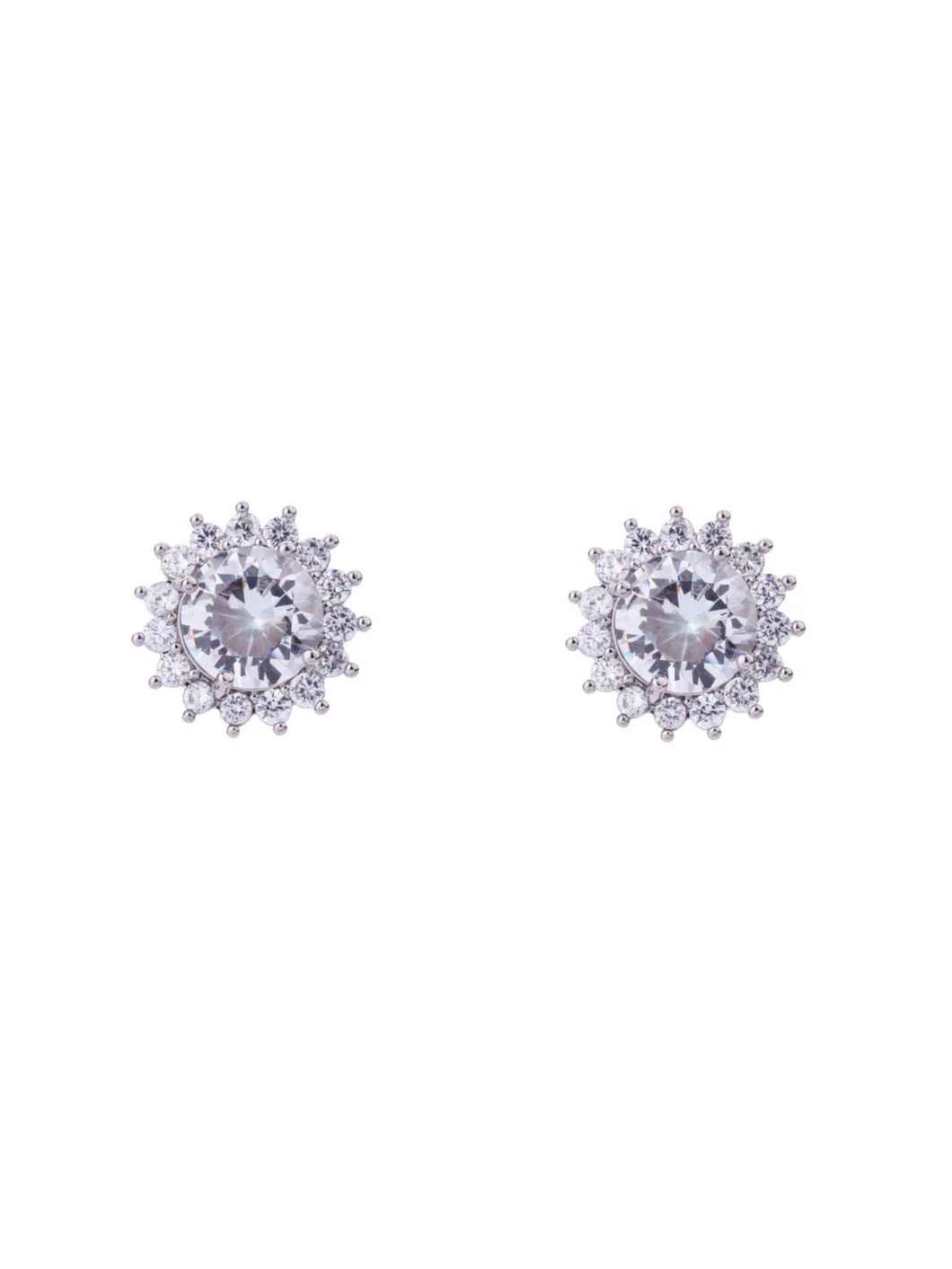 D&X DE0461R White Gold Zirconia Stud Earrings – radiant cubic zirconia halo studs with white gold plated finish, elegant women’s jewellery for everyday wear and special occasions.