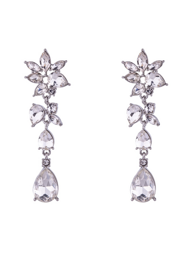 D&X DE1046R White Gold Plated Flower & Teardrop Zirconia Earrings – elegant floral cubic zirconia dangle earrings with teardrop detail, timeless women’s jewellery for weddings, evening wear and special occasions.