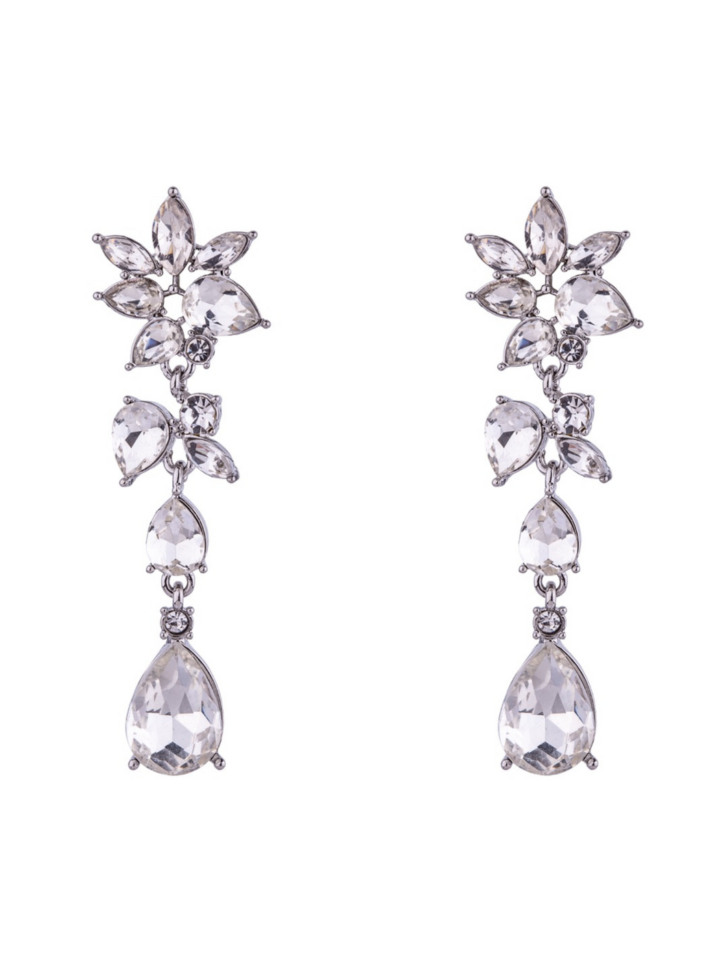 D&X DE1046R White Gold Plated Flower & Teardrop Zirconia Earrings – elegant floral cubic zirconia dangle earrings with teardrop detail, timeless women’s jewellery for weddings, evening wear and special occasions.