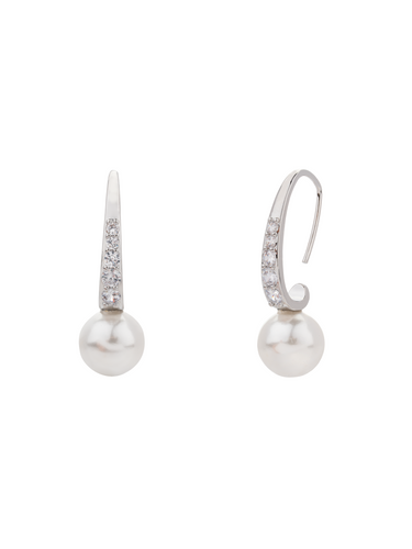 D&X DE1121A White Gold Pearl and Zirconia Drop Earrings – elegant white gold plated hook earrings with faux pearls and sparkling cubic zirconia for women’s classic and evening style.