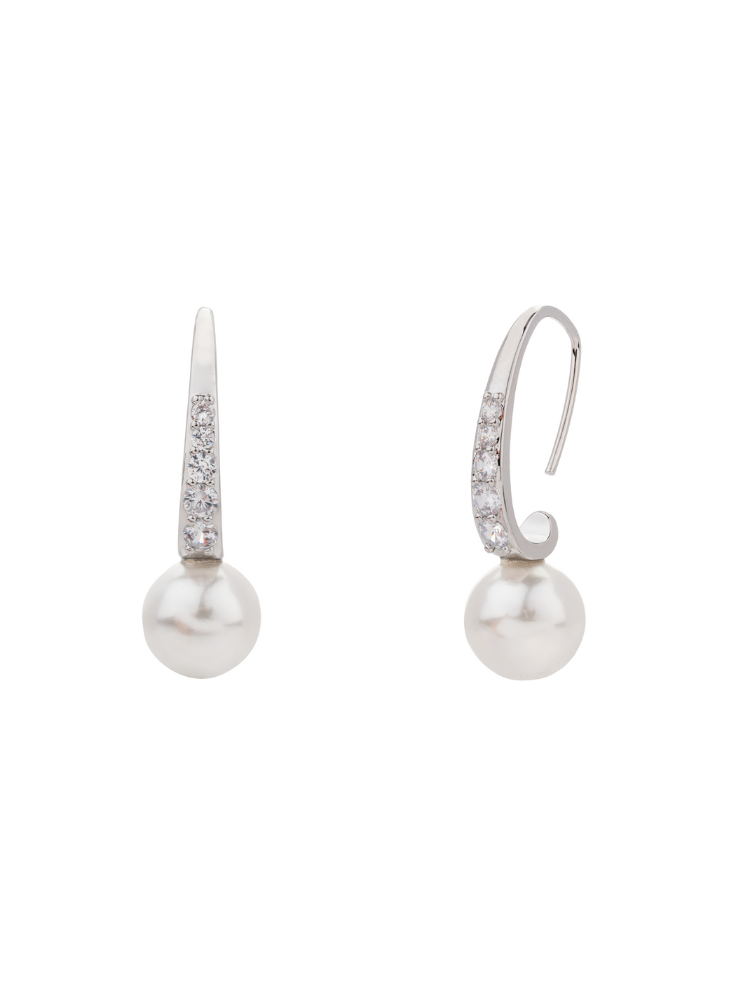 D&X DE1121A White Gold Pearl and Zirconia Drop Earrings – elegant white gold plated hook earrings with faux pearls and sparkling cubic zirconia for women’s classic and evening style.