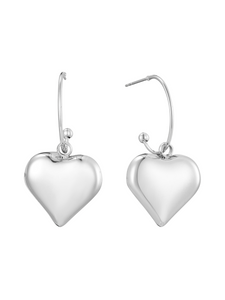 D&X DE1215S White Gold Heart Drop Earrings – polished white gold-plated stainless steel earrings with smooth sculpted heart drops, elegant and modern style.