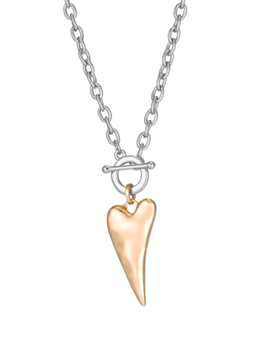 D&X DN2672C Gold & Silver Tone Heart Pendant T-Bar Long Necklace – versatile two-tone chain necklace with elongated textured heart pendant, perfect for layered or statement styling.