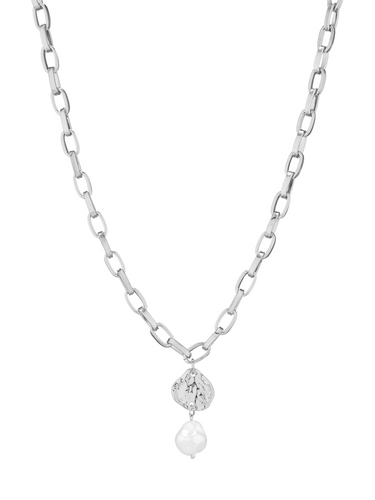 D&X DN2811S White Gold Tone Disc Pendant with Pearl Clasp Necklace – modern white gold chain with textured disc and pearl pendant, versatile for day-to-night wear.