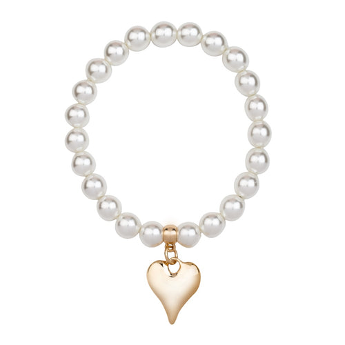 D&X DB2094K Pearl Bracelet with Gold Tone Heart Pendant – elasticated pearl-effect bracelet with polished gold-tone heart charm, elegant jewellery