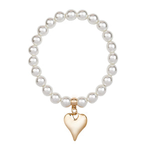 D&X DB2094K Pearl Bracelet with Gold Tone Heart Pendant – elasticated pearl-effect bracelet with polished gold-tone heart charm, elegant jewellery