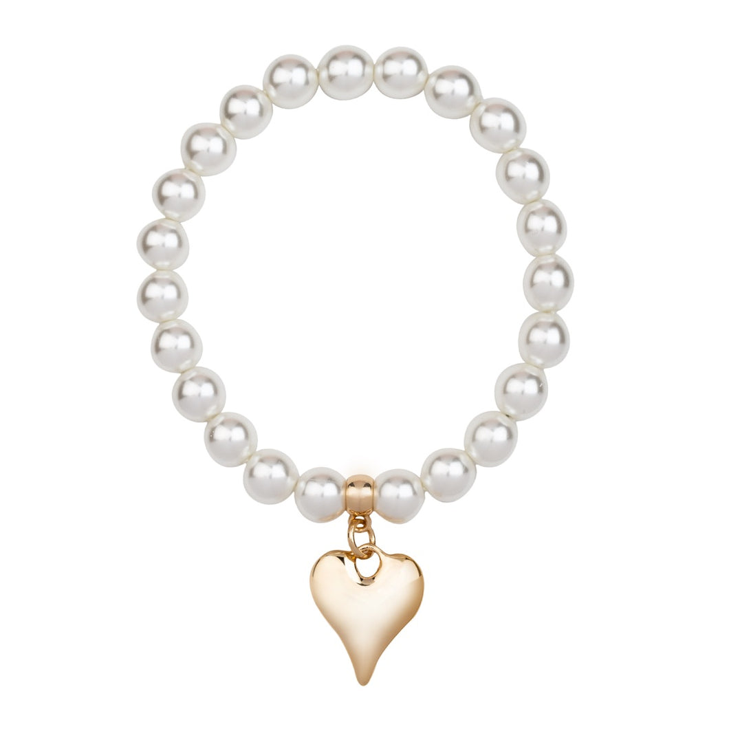D&X DB2094K Pearl Bracelet with Gold Tone Heart Pendant – elasticated pearl-effect bracelet with polished gold-tone heart charm, elegant jewellery
