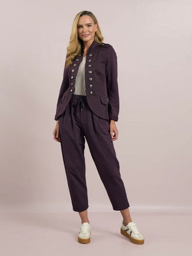 Women's mulberry barrel joggers by Deck by Decollage - high-rise tapered joggers with drawstring waistband, cuffed hems and soft stretch fabric for chic, relaxed everyday wear.